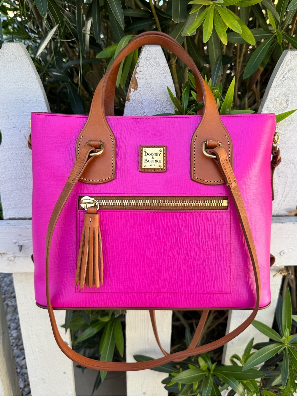 Dooney & Bourke Morgan in Fuchsia Pink Leather Shoulder Tote with Tan Trim